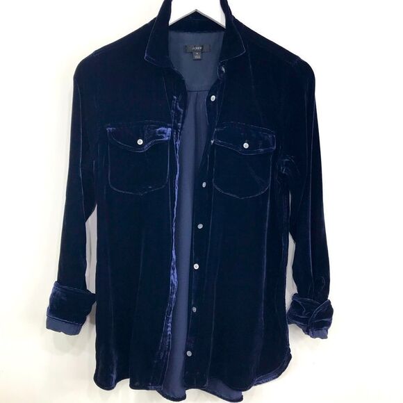 J. Crew Navy Blue Velvety Velour Button Up Pocket Chest Long Sleeve Shirt - Picture 5 of 16
